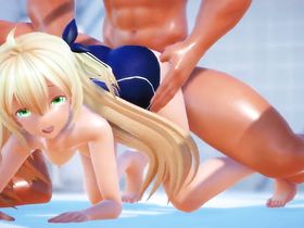 Зеленоглазую блондинку анимашку около бассейна отжарил качек в маске